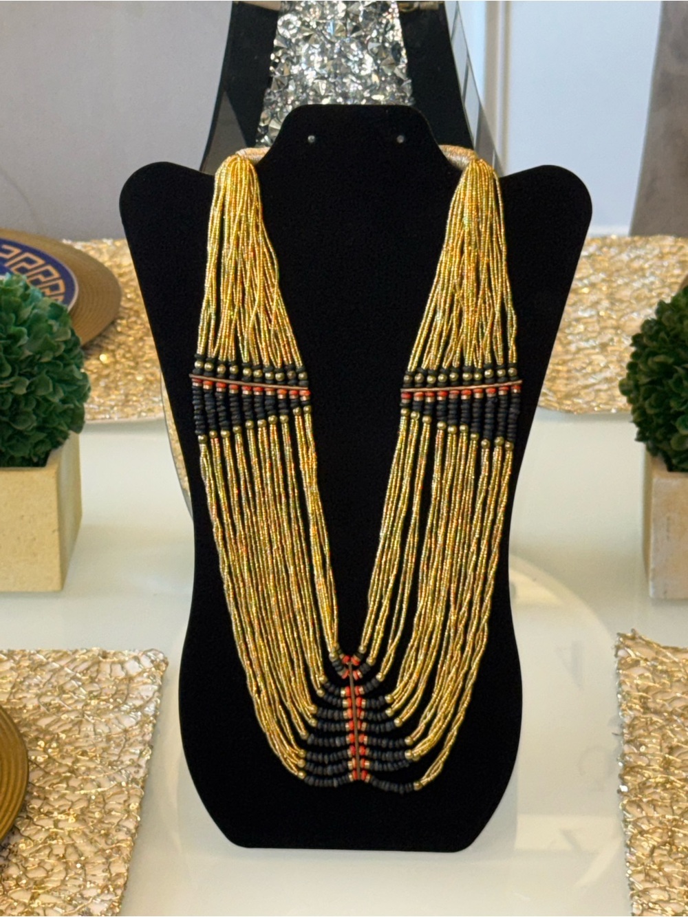 New Arrivals! Elegant Multistrand Beaded Necklace in Gold, Black & Coral